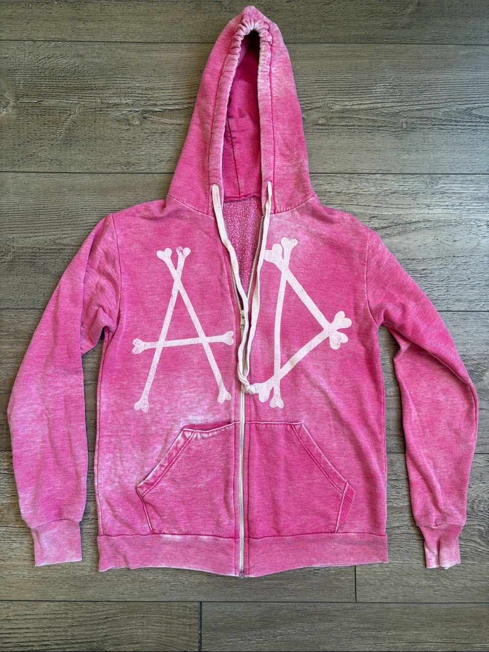 Y2K Abbey Dawn Avril Lavigne Pink Graphic Zip-Up Hoodie White Bones & Skull Logo